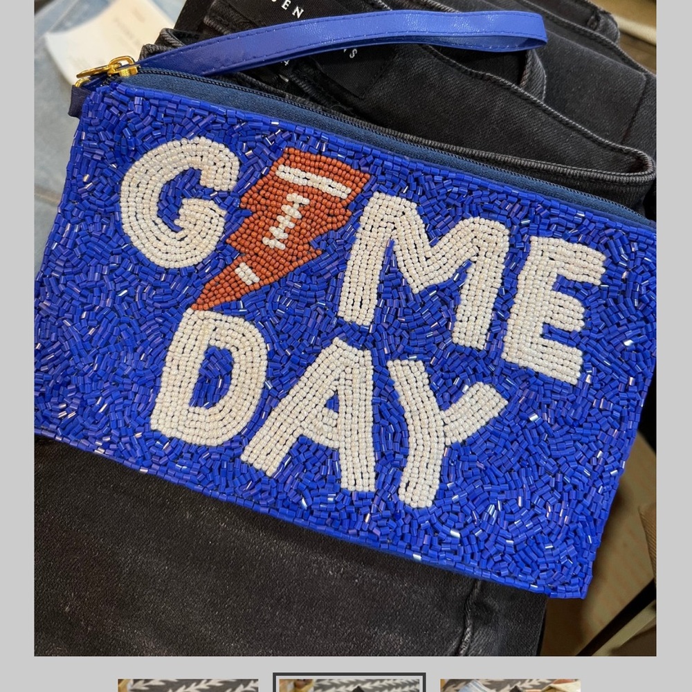 Blue beaded GAME DAY football purse ziptop closure faux leather wristlet NWT